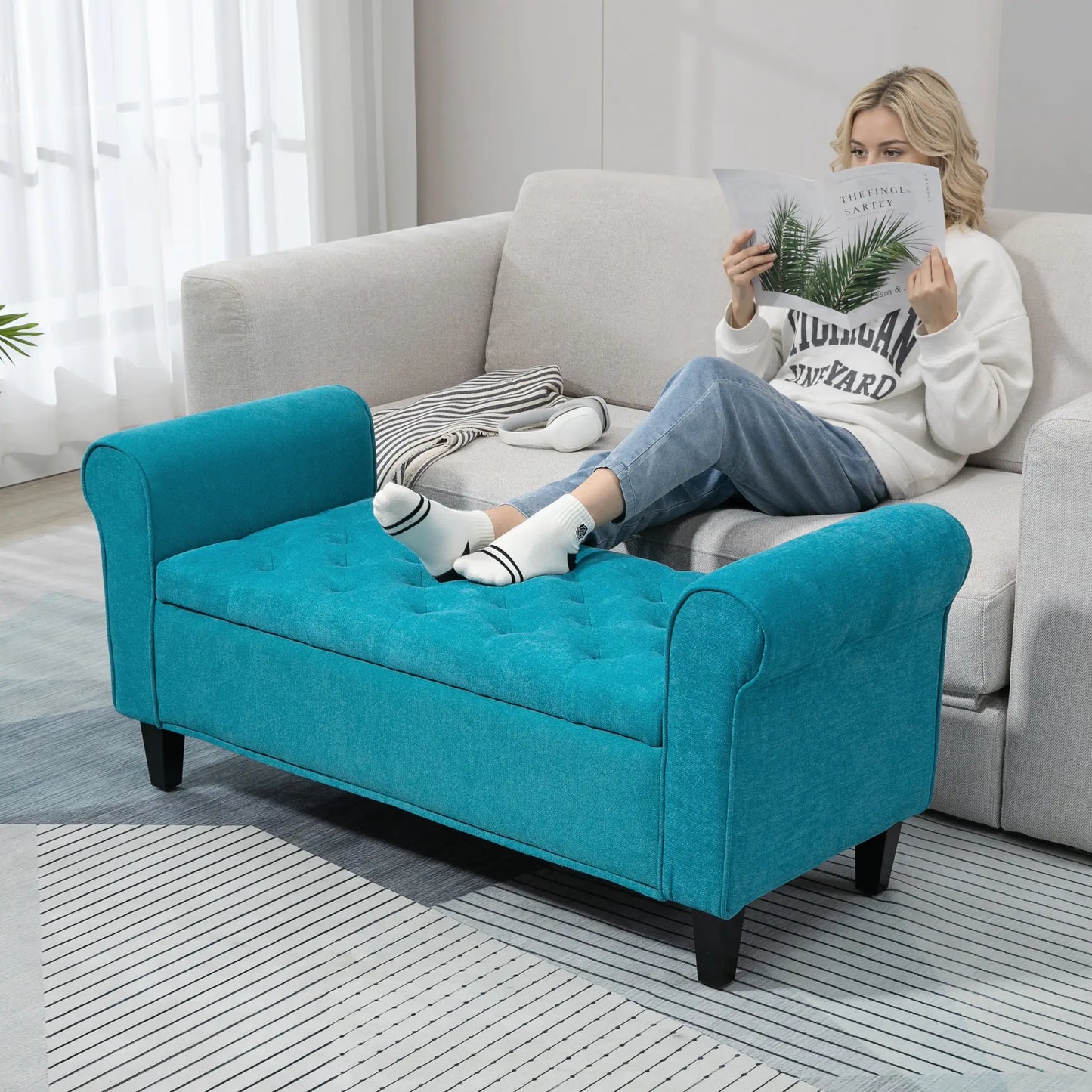 50 Inches Upholstered Storage Ottoman, Rolled Arms, Button Tufted, Teal Storage Ottomans & Benches at Gallery Canada