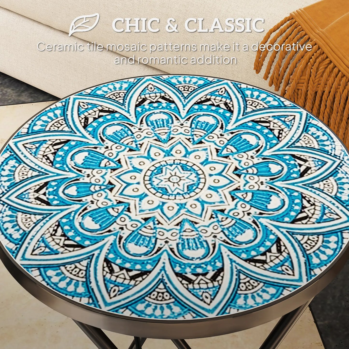 Mosaic Outdoor Patio Side Table, 14" Round, Steel Frame, Blue Patio Side Tables at Gallery Canada