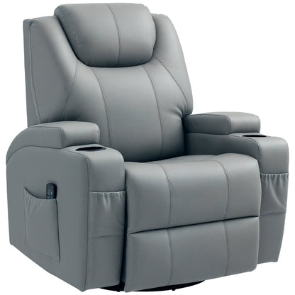 Massage Recliner Chair Leather Swivel Rocker Manual Reclining Chair with 8 Vibration Points, Cup Holders, Light Grey Single Sofas at Gallery Canada