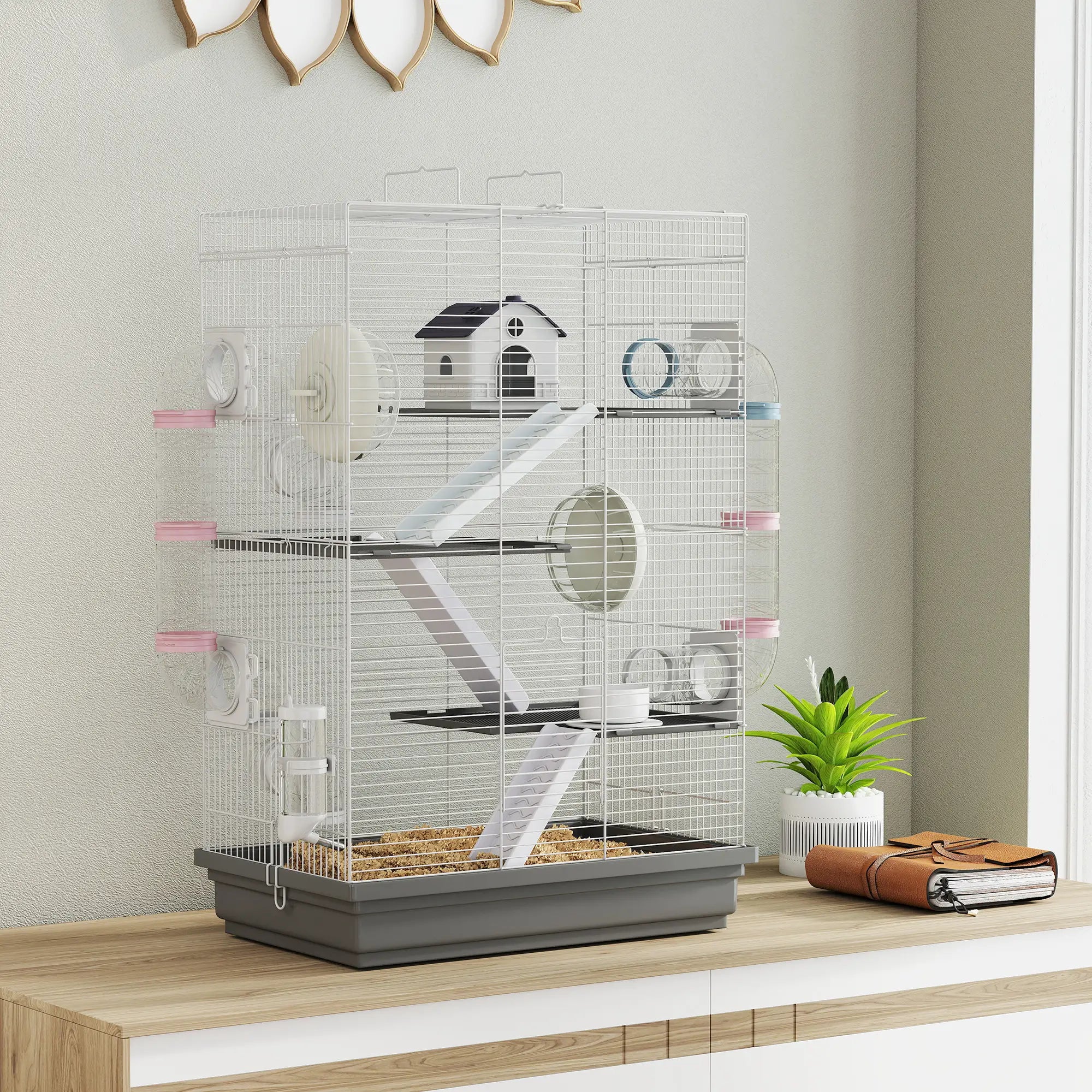 4-Level Large Hamster Cage, DIY Tubes, Water Bottle, Food Dish, Hut, Exercise Wheels, Grey Hamster Cages at Gallery Canada