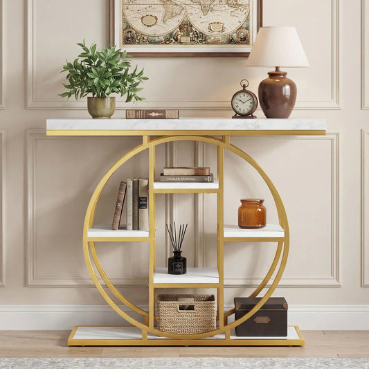 39.4" Console Table With Storage Shelves, White Marble Effect, White Console Tables White Marble Effect, Gold at Gallery Canada