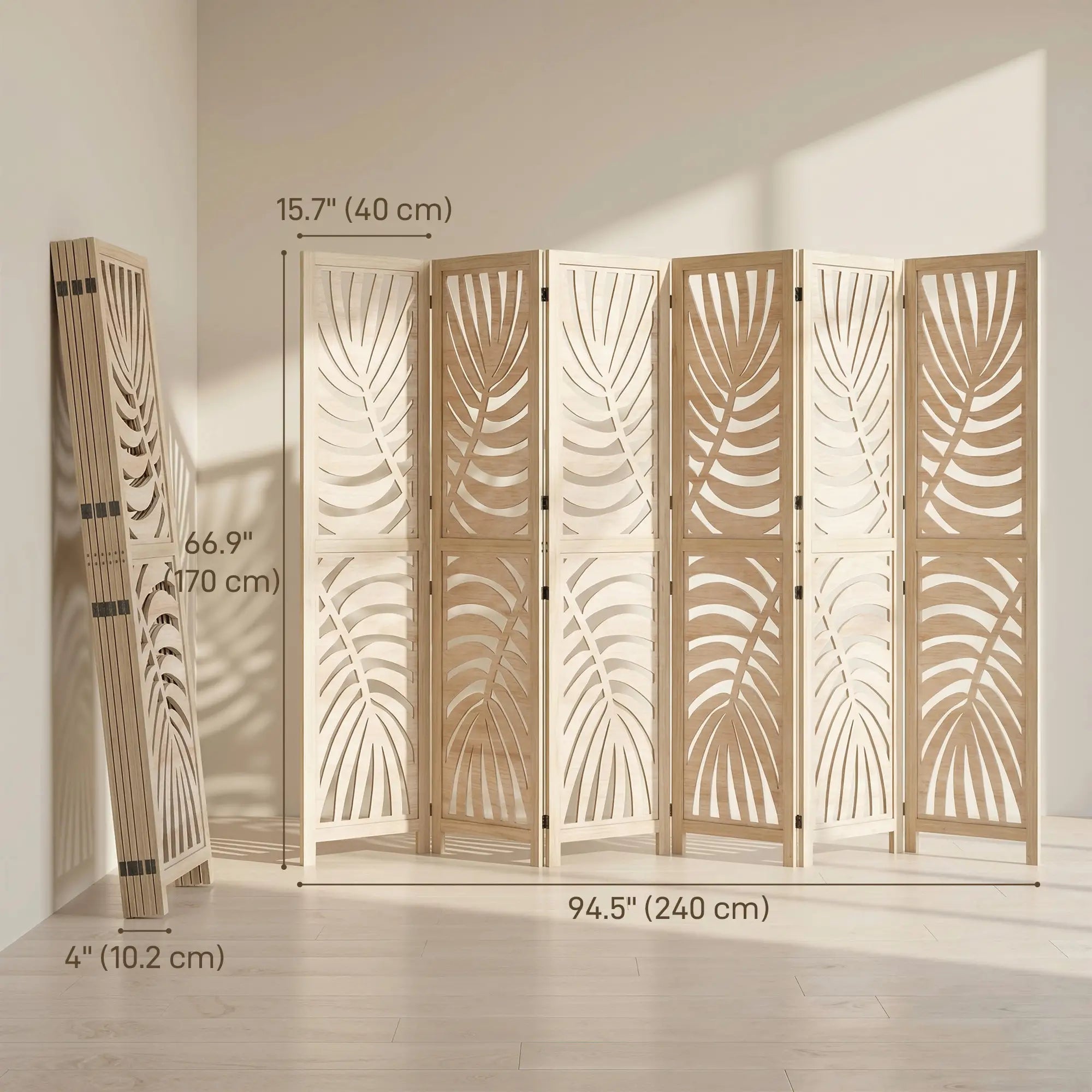 6 Panel Room Divider, Detachable Folding Privacy Screen, Palm Leaf Design, Natural Wood Room Dividers at Gallery Canada