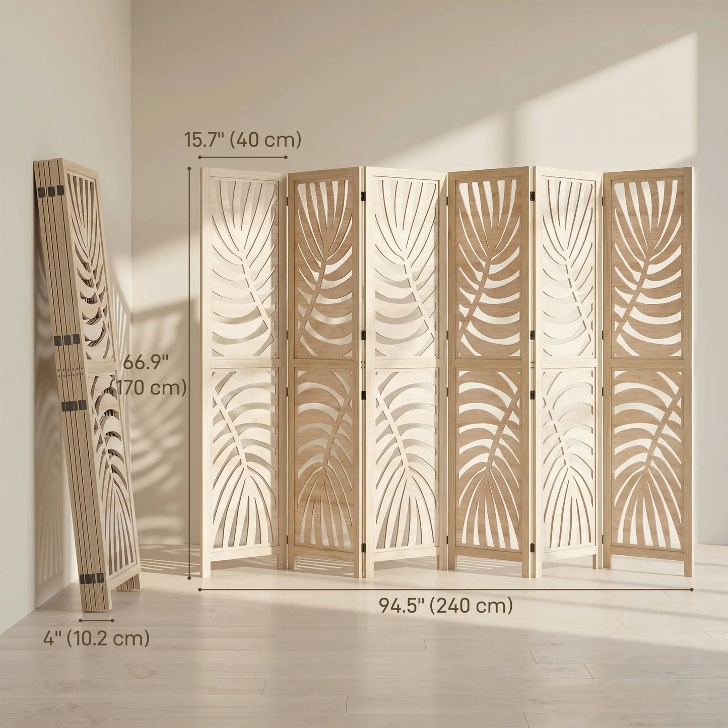 6 Panel Room Divider, Detachable Folding Privacy Screen, Palm Leaf Design, Natural Wood Room Dividers at Gallery Canada