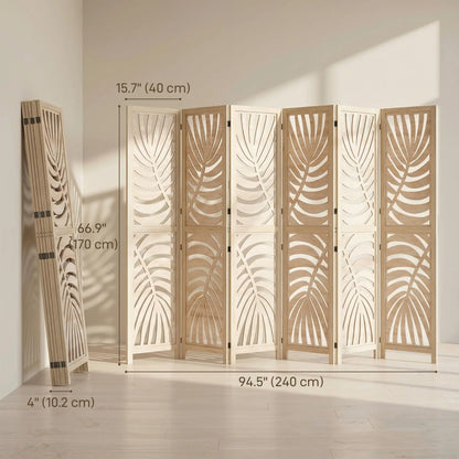 6 Panel Room Divider, Detachable Folding Privacy Screen, Palm Leaf Design, Natural Wood Room Dividers at Gallery Canada