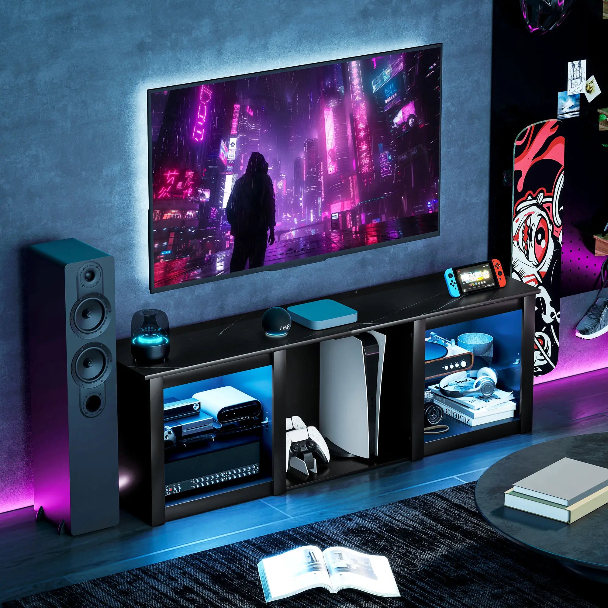 TV Stand With LED Lights, Adjustable Glass Shelves, For 65 Inch TVs, Black TV Stands at Gallery Canada