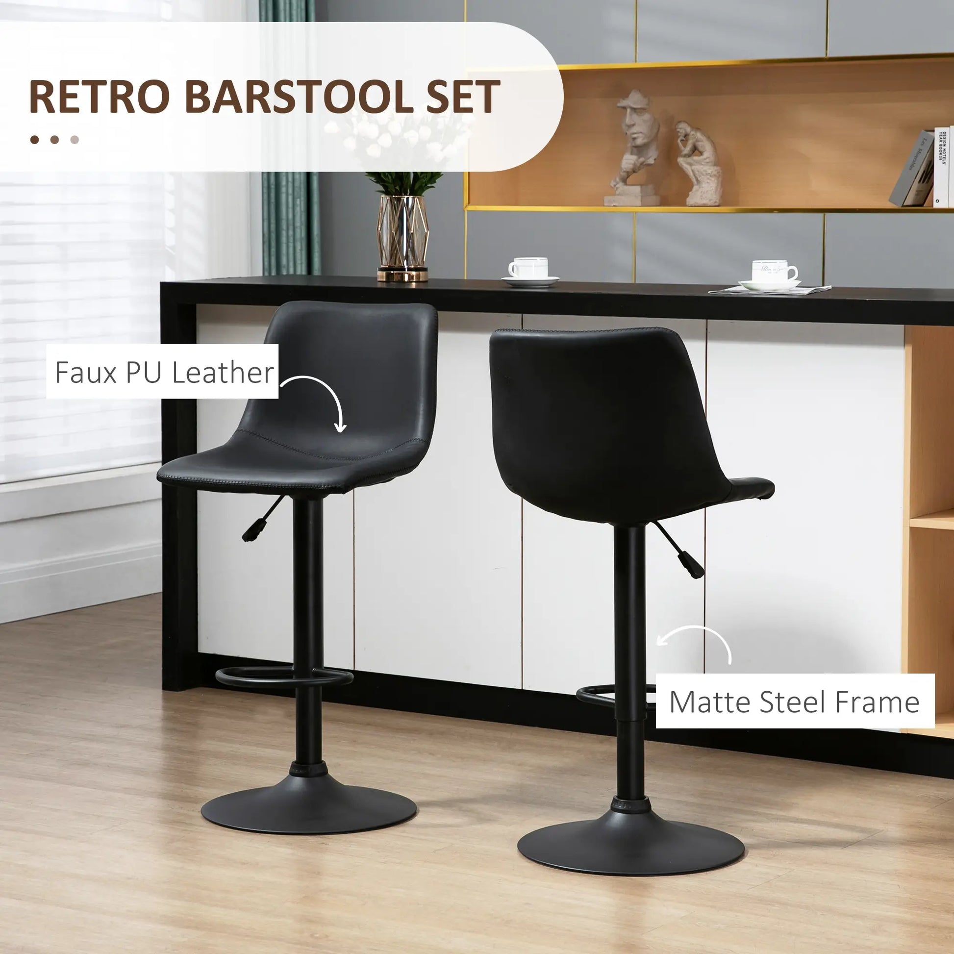 Adjustable Counter Height Bar Stools, Set of 2, 360° Swivel, Vintage Leather, Retro Grey, Grey Bar Stools at Gallery Canada