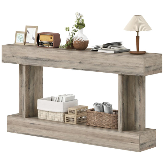 63 Inch Console Table, Vintage Narrow with Storage Shelf, Light Brown Console Tables Light Brown at Gallery Canada