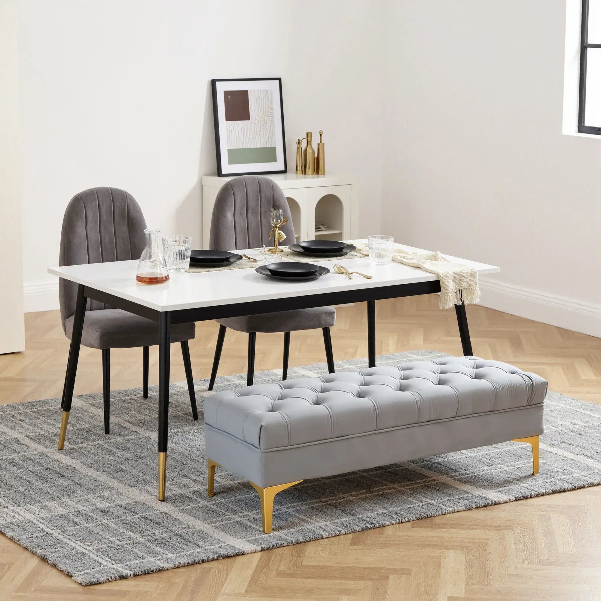 Upholstered End of Bed Bench, Button Tufted, Grey Storage Ottomans & Benches at Gallery Canada