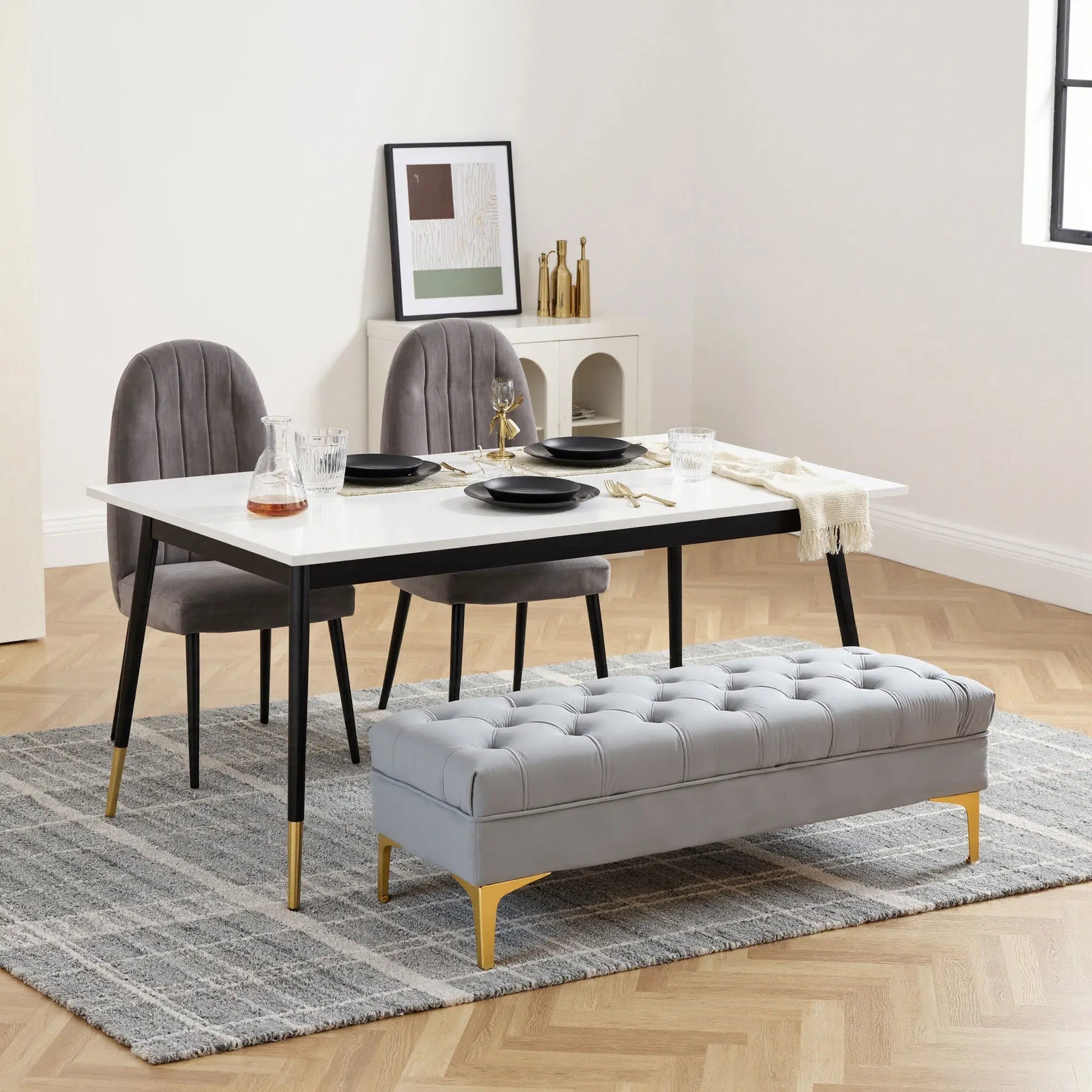 Upholstered End of Bed Bench, Button Tufted, Grey Storage Ottomans & Benches at Gallery Canada