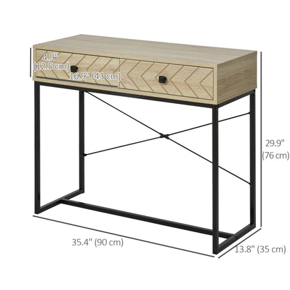 Industrial Console Table, 2 Storage Drawers, Metal Frame, X-Bar Design