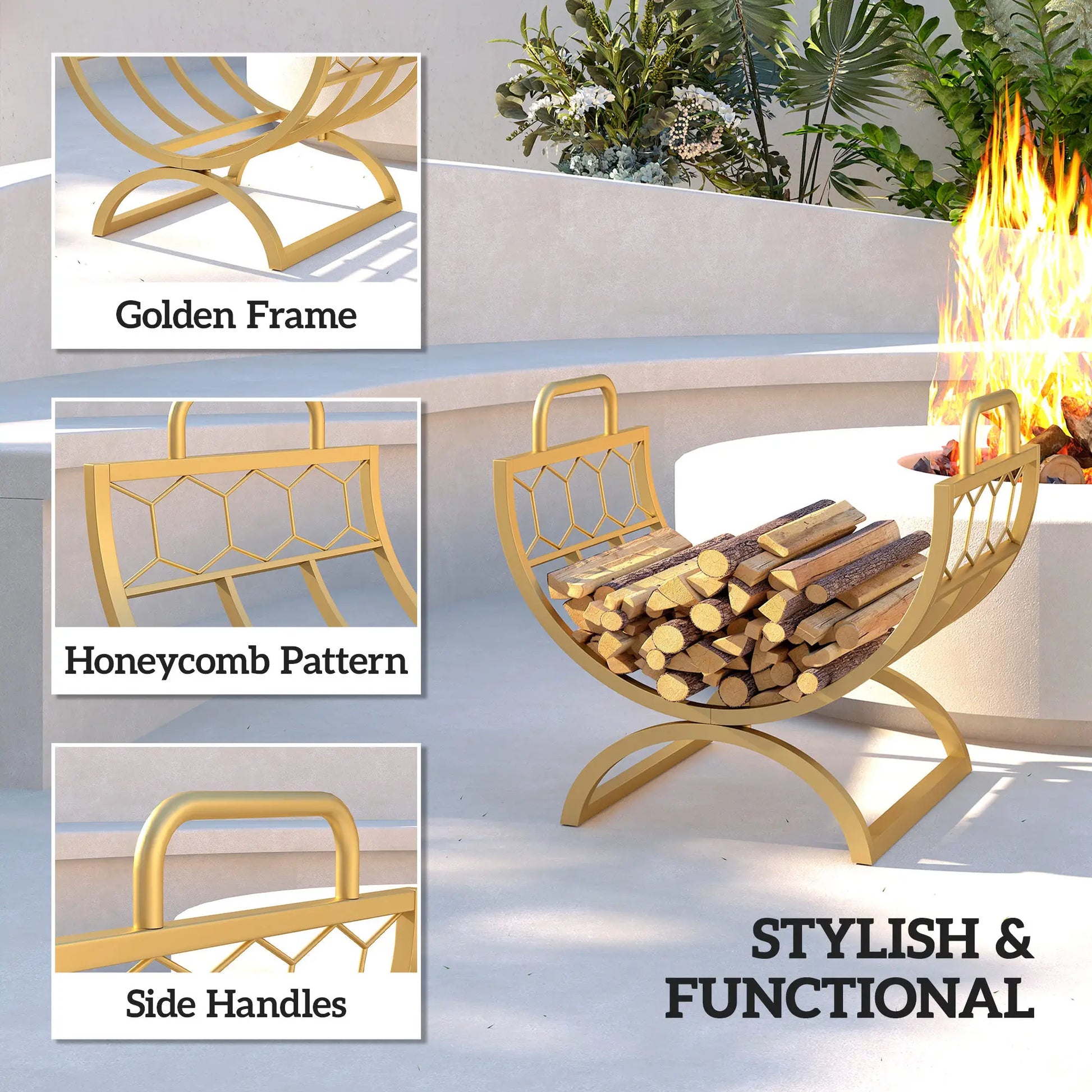 Firewood Rack, Heavy Duty Log Holder with Handles, 18" x 14" x 16", Gold Firewood Racks at Gallery Canada