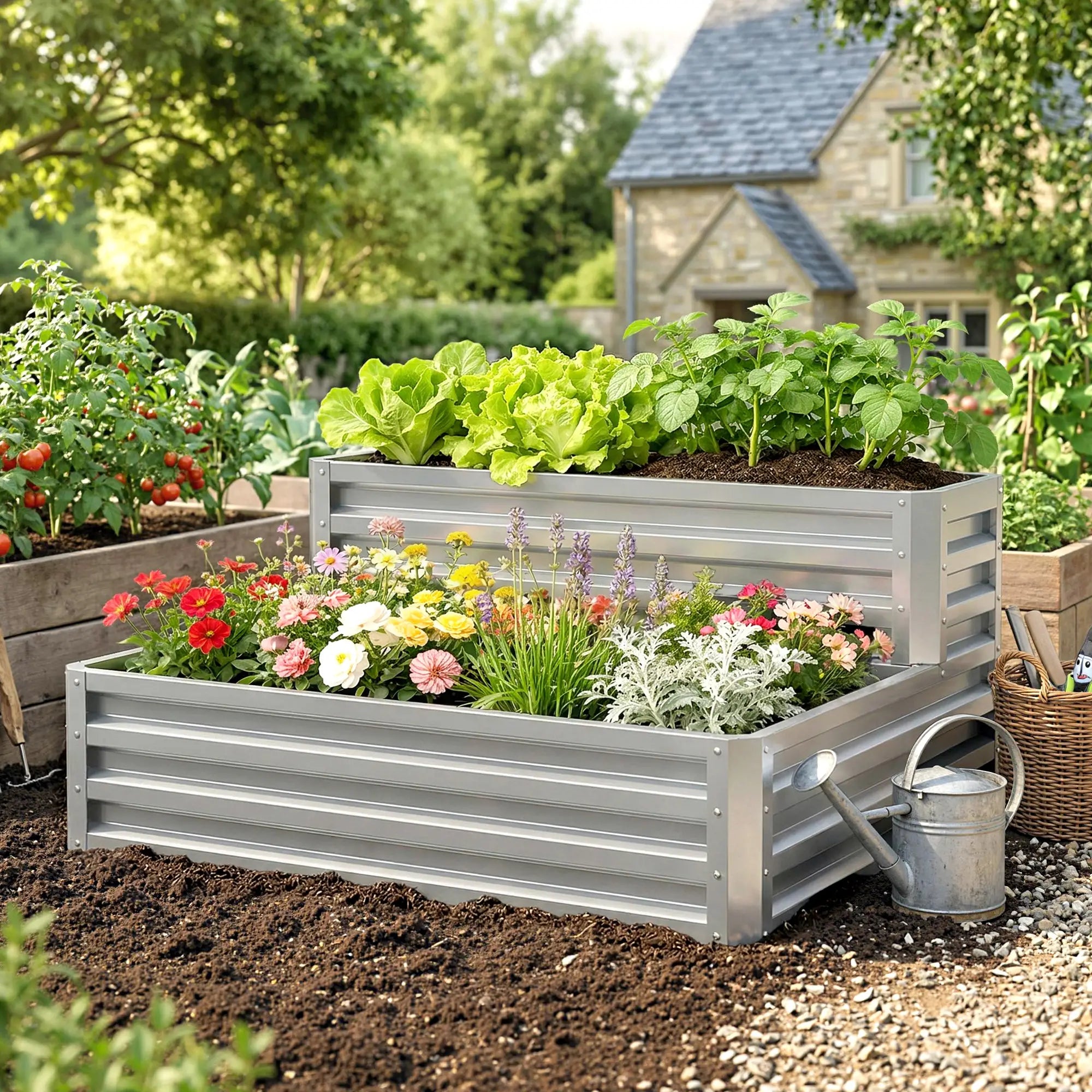 2 Tier Galvanized Raised Garden Bed, Steel Planter Box, 47