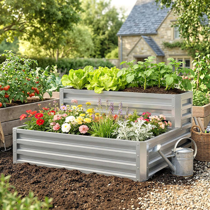 2 Tier Galvanized Raised Garden Bed, Steel Planter Box, 47" x 40" x 23", Silver Galvanized Planter Boxes at Gallery Canada
