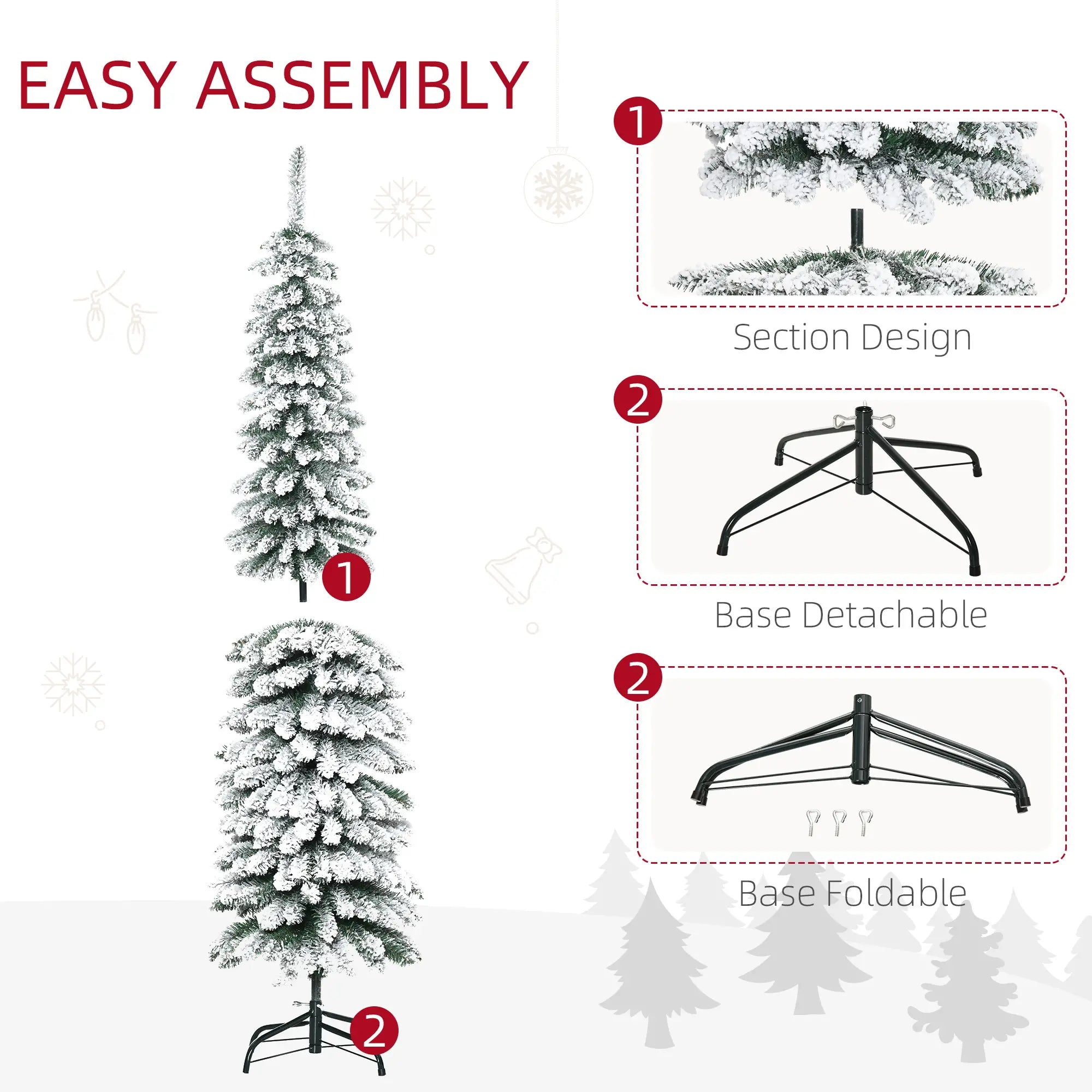6 Ft Snow-Flocked Artificial Christmas Tree, Slim Pencil, Metal Base, Green Artificial Christmas Trees at Gallery Canada