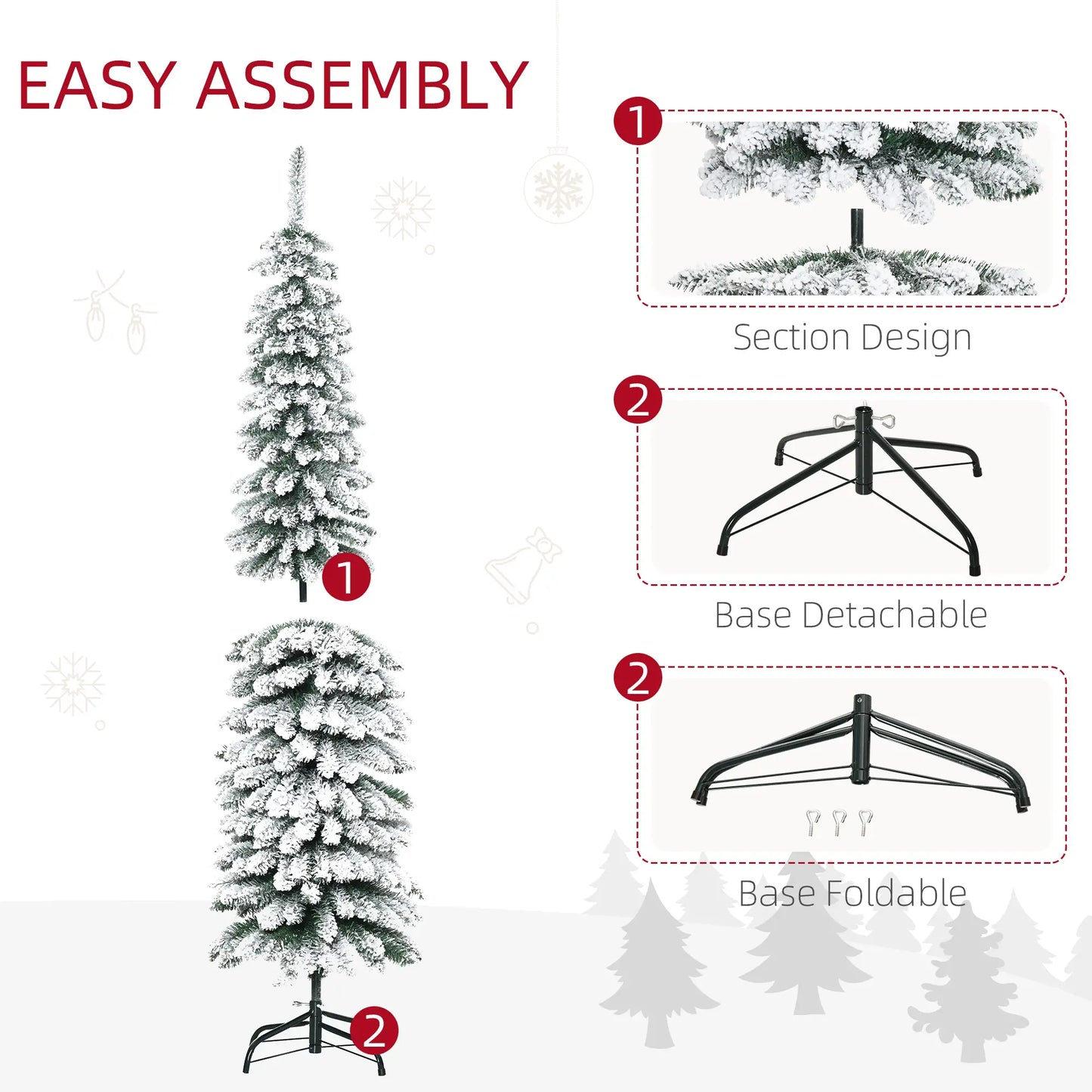 6 Ft Snow-Flocked Artificial Christmas Tree, Slim Pencil, Metal Base, Green Artificial Christmas Trees at Gallery Canada