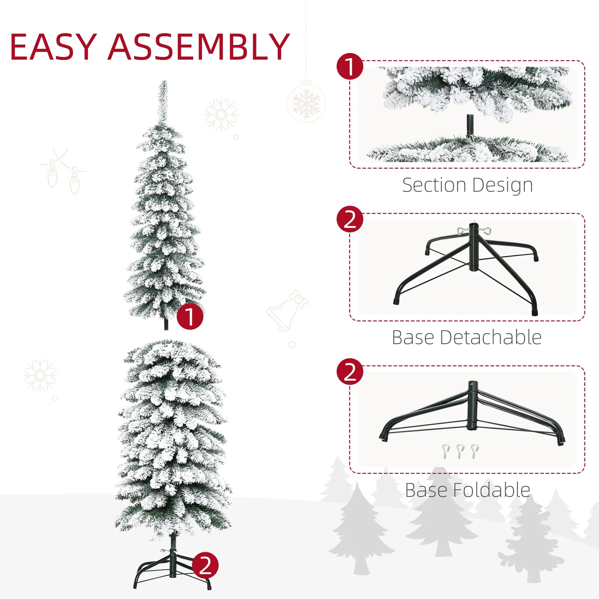 6 Ft Snow-Flocked Artificial Christmas Tree, Slim Pencil, Metal Base, Green Artificial Christmas Trees at Gallery Canada