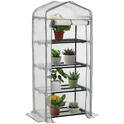 Portable Greenhouse With 4 Tier Shelves, Steel Frame, PE Cover, 28" x 20" x 63", White