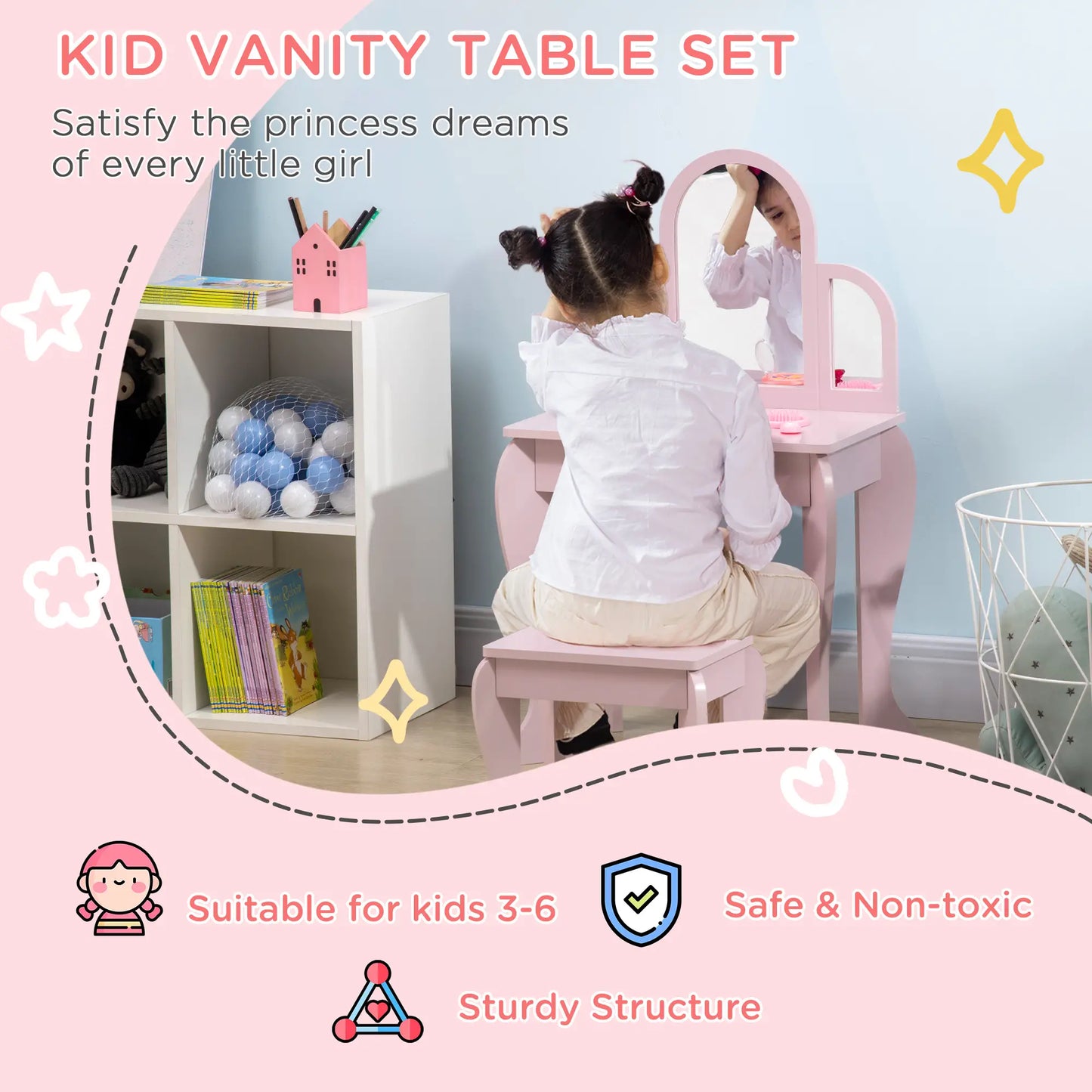 Kids Dressing Table and Chair Set, Makeup Desk with Drawer, 3-6 Years, Pink Kids Bedroom Furniture at Gallery Canada