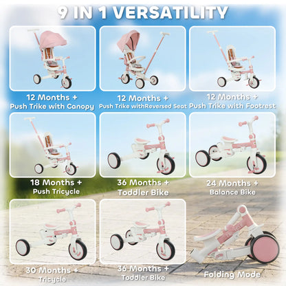 7 in 1 Toddler Tricycle, Safety Harness, Adjustable Parent Handle, Pink Tricycles for Kids at Gallery Canada