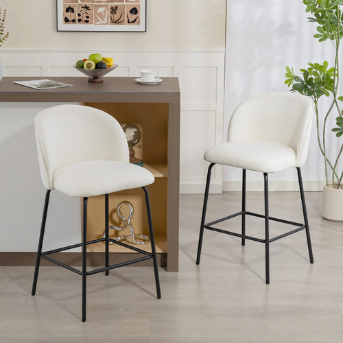 Set of 2 Counter Height Barstools, Upholstered Linen, Cream White