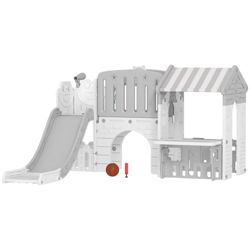 7-in-1 Toddler Slide Climber Playset with Playhouse, Basketball Hoop, Grey