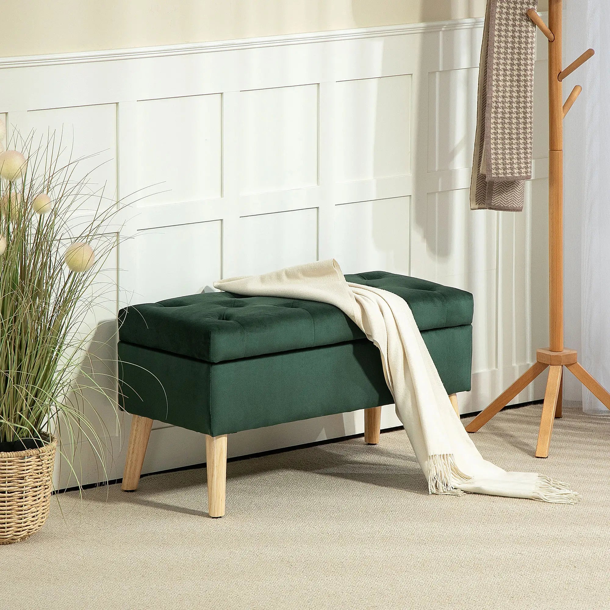 Velvet Storage Ottoman with Lid, Wood Legs, Dark Green Storage Ottomans & Benches at Gallery Canada