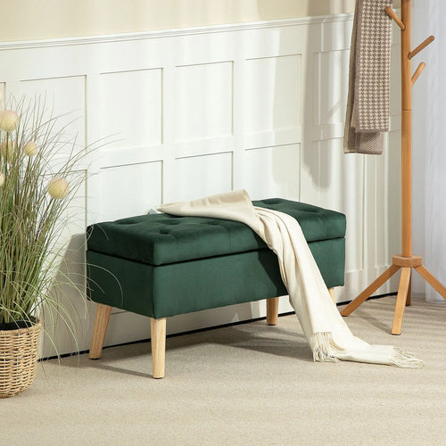 Velvet Storage Ottoman with Lid, Wood Legs, Dark Green