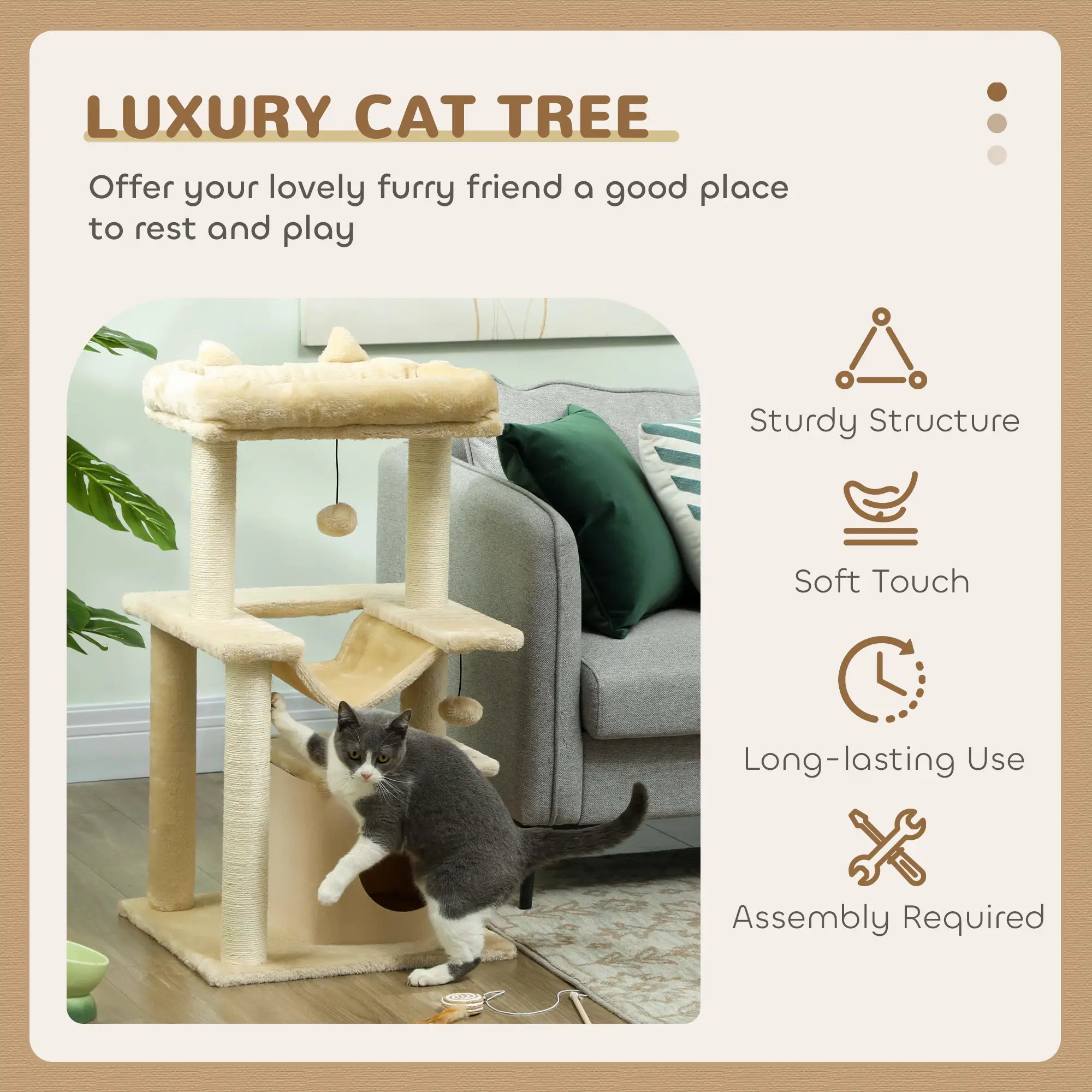 39.25'' Cat Tree Tower, Multi-Level Kitten House, Scratching Post, Hammock Bed, Beige Cat Posts at Gallery Canada