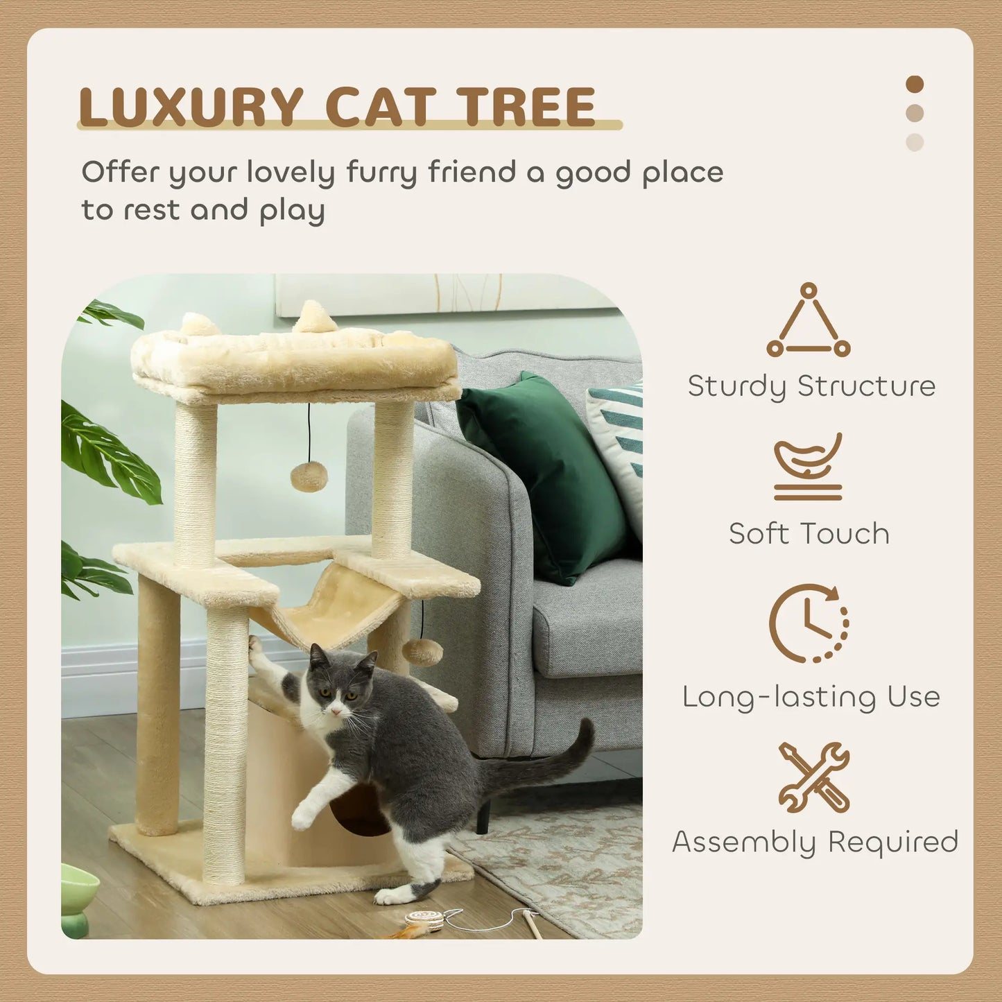 39.25'' Cat Tree Tower, Multi-Level Kitten House, Scratching Post, Hammock Bed, Beige Cat Posts at Gallery Canada
