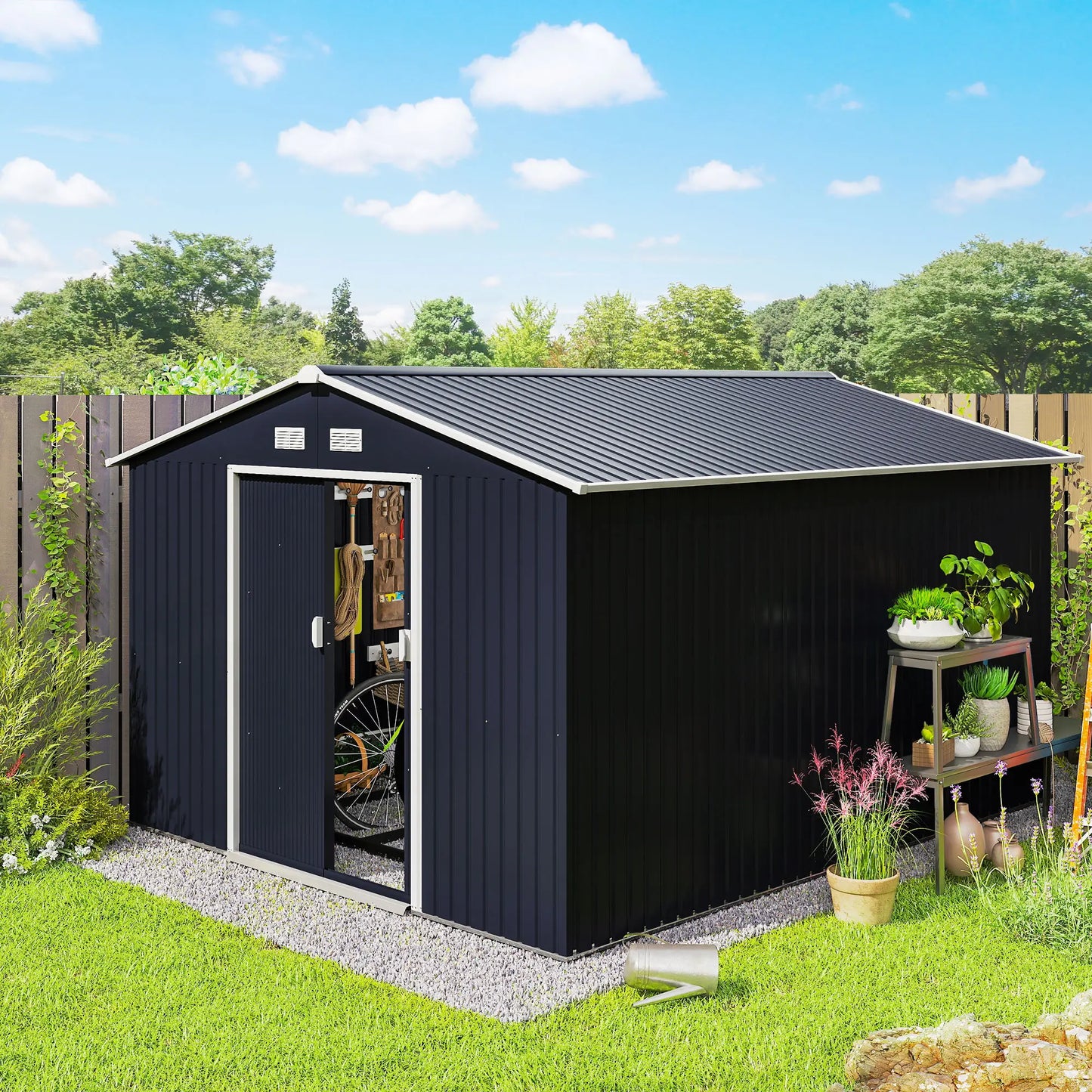 11' x 9' Metal Storage Shed, Garden Tool House, Double Sliding Doors, 4 Air Vents, Dark Grey Sheds at Gallery Canada