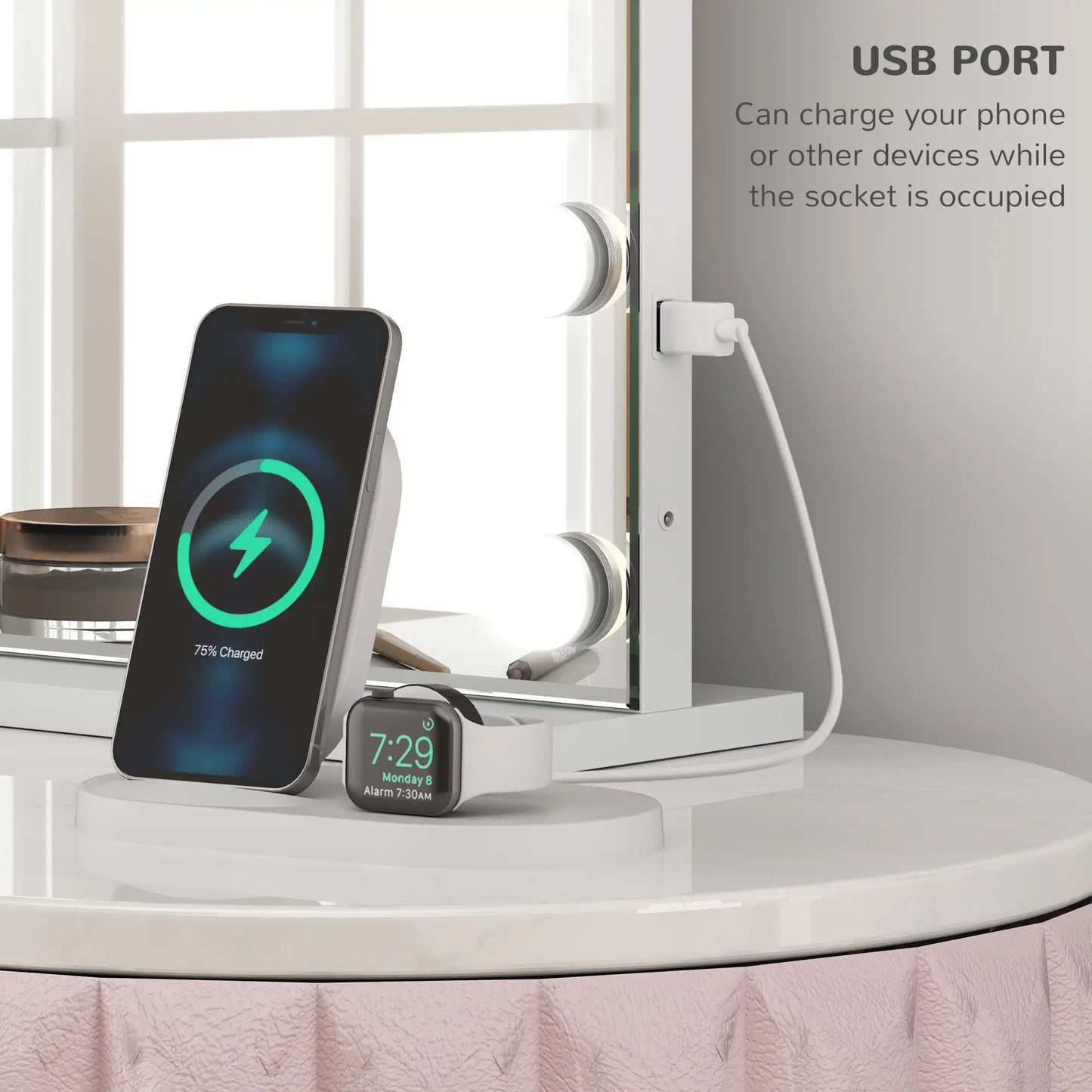 Hollywood Vanity Mirror With Lights, 31.5" x 24.4", White, 3 Colour, 10X Magnifying, USB Port, White