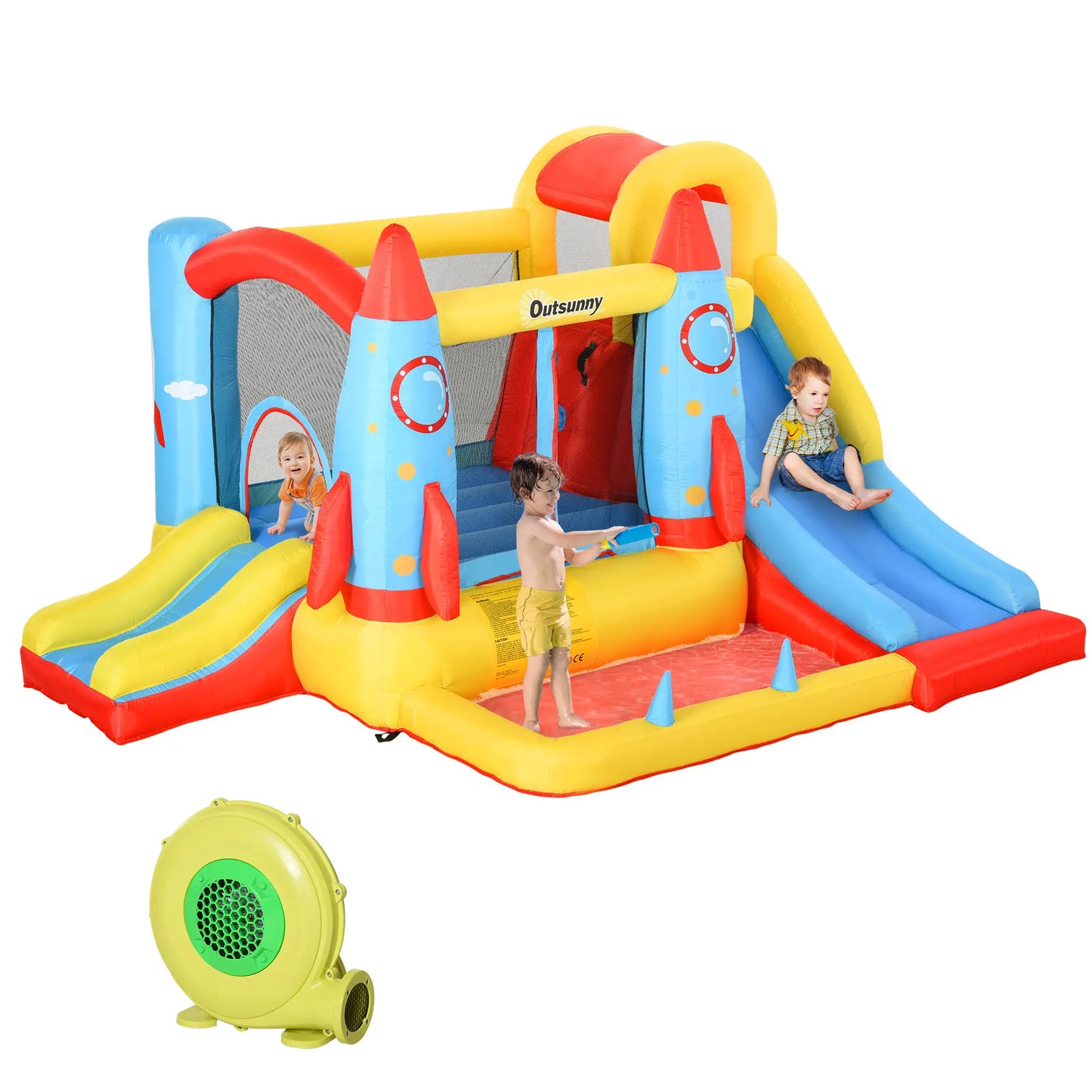 Inflatable Trampoline Slide Pool, Rocket Design, 11.14' x 9.18' x 6.06' Inflatables Red, Blue, Yellow at Gallery Canada