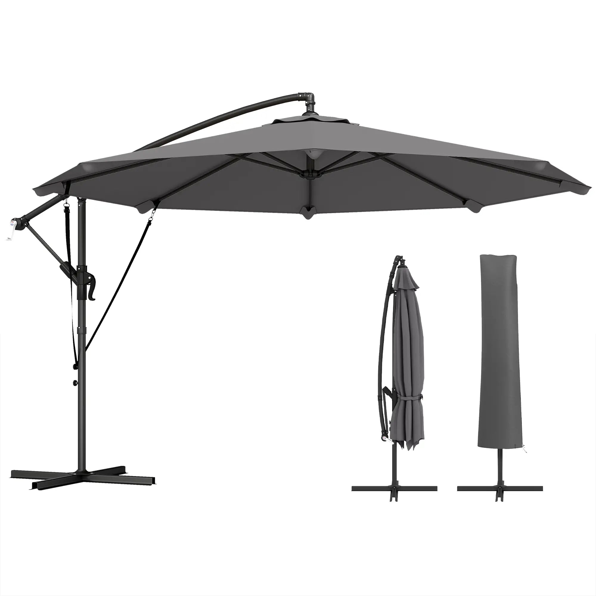10FT Cantilever Patio Umbrella, 8 Ribs, Cover, Wind Ropes, Dark Grey Offset Cantilever Umbrellas Dark Grey, Black at Gallery Canada