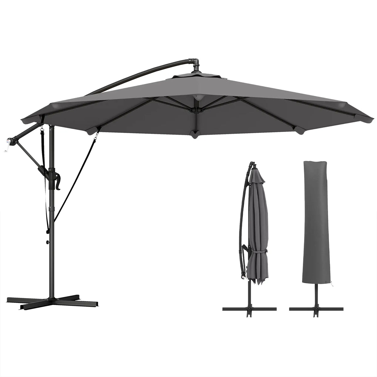 10FT Cantilever Patio Umbrella, 8 Ribs, Cover, Wind Ropes, Dark Grey Offset Cantilever Umbrellas Dark Grey, Black at Gallery Canada