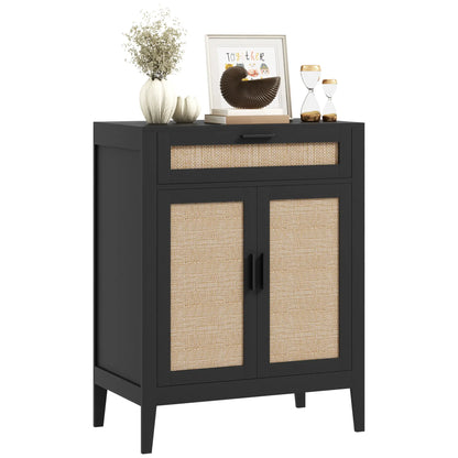 Boho Kitchen Sideboard, 2 Rattan Doors, Drawer, Black Storage Cabinets at Gallery Canada
