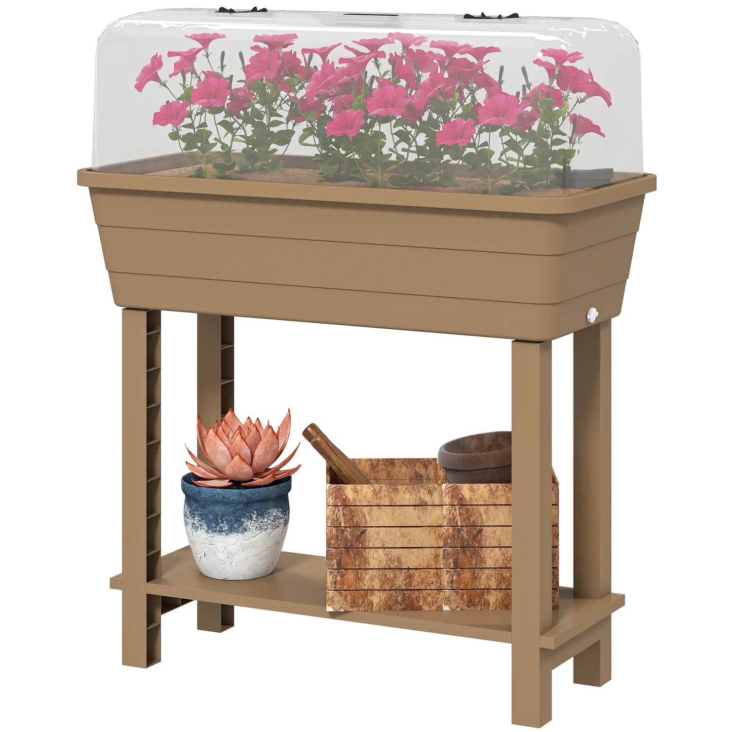 41L Self Watering Raised Garden Bed, Transparent Lid, Storage Shelf, Brown