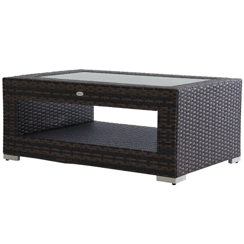 2-Tier Rattan Patio Coffee Table, PE Wicker, Tempered Glass Top, Storage