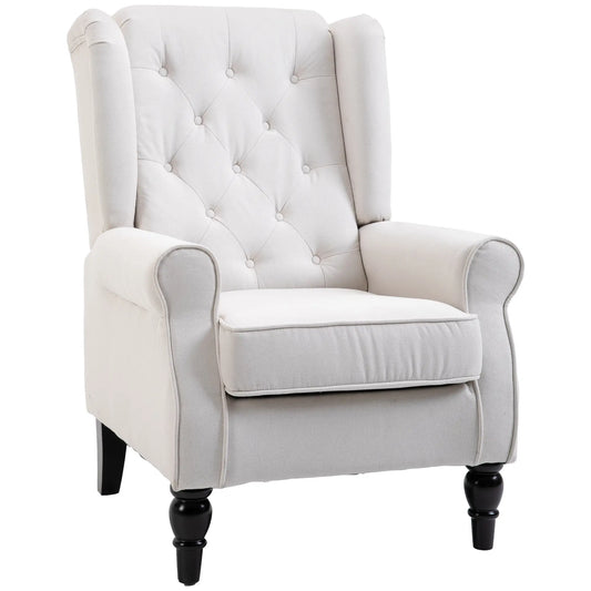 Modern Wingback Chair, Tufted Fabric Armchair With Wood Legs, White Accent Chairs Cream at Gallery Canada