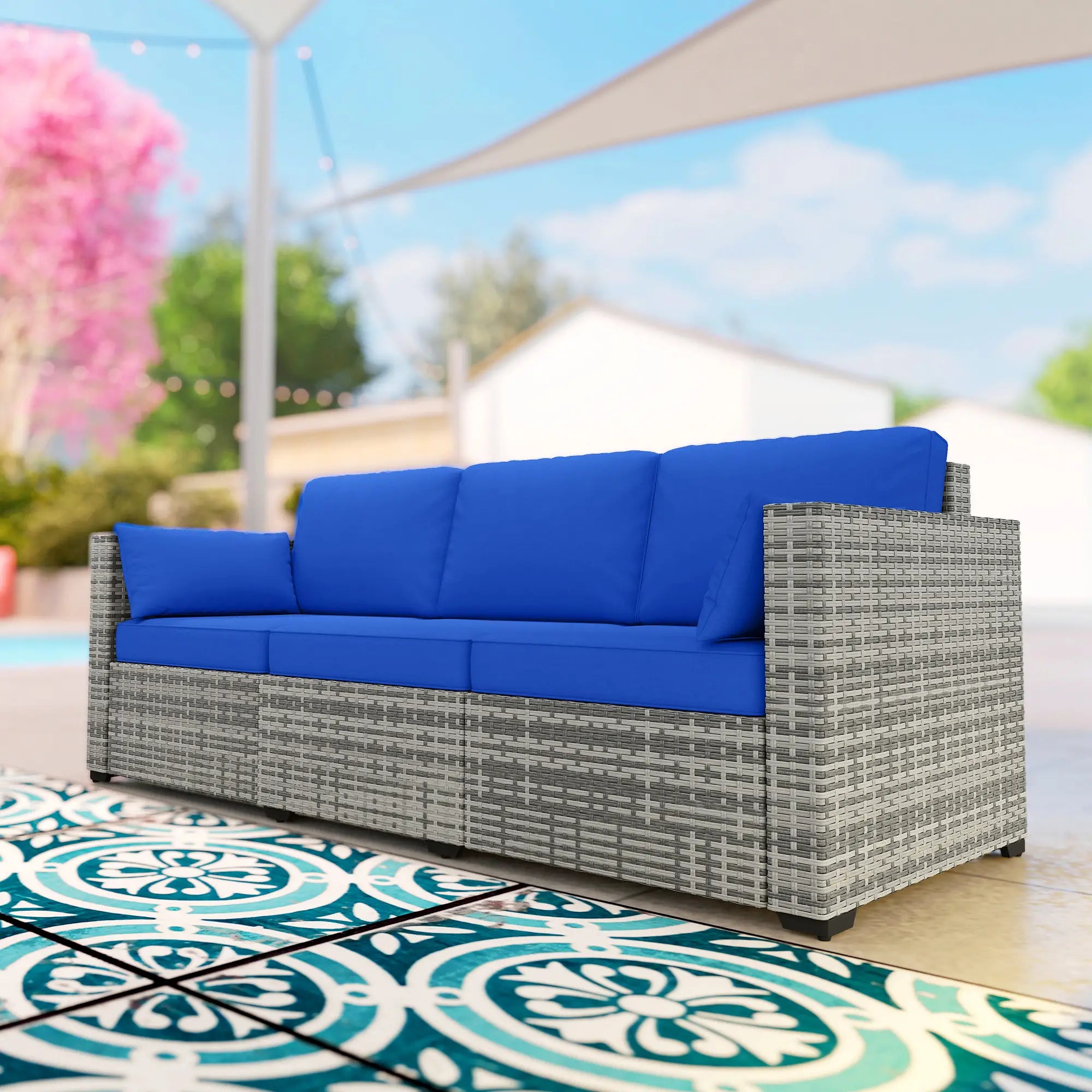 3-Seater Outdoor Sofa with Cushions, PE Rattan, Blue Patio Furniture Sets at Gallery Canada
