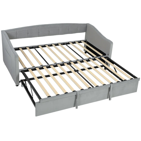 Upholstered Twin Size Trundle Bed, With Headboard And Pockets, Light Grey