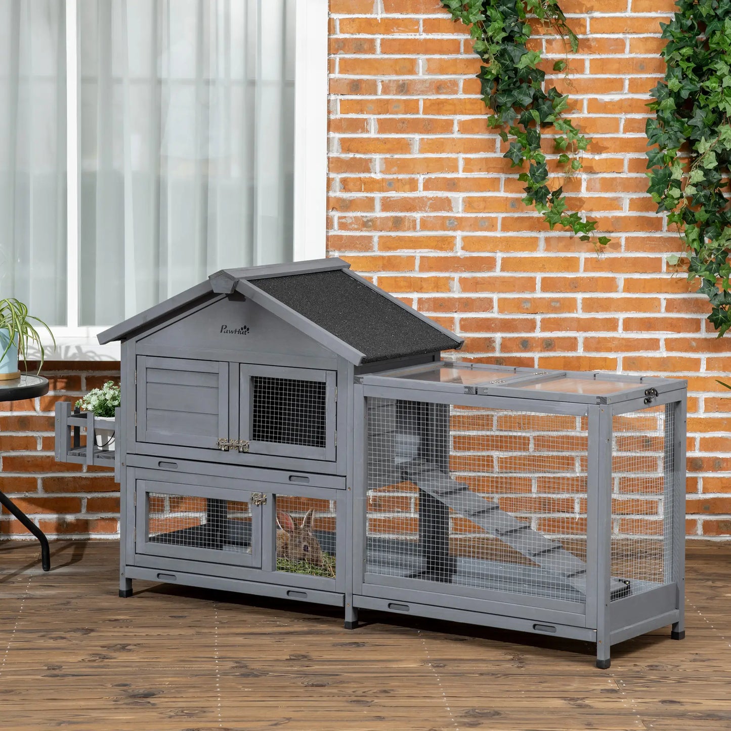 65" Wooden Rabbit Hutch, Openable Roof, Storage Box, Dark Grey Rabbit Hutch at Gallery Canada