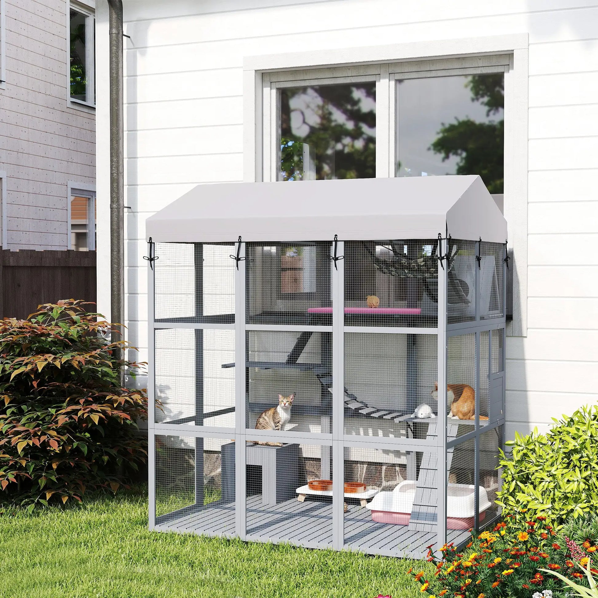 81"H Catio Outdoor Enclosure, Floor Included, Fits 2-4 Cats, Grey Outdoor Cat Enclosures at Gallery Canada