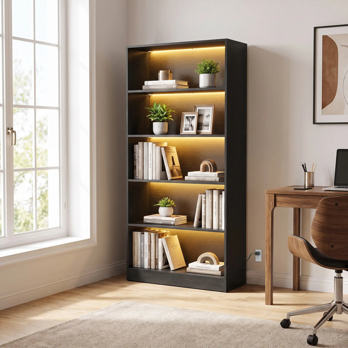 5-Tier Bookshelf With LED Lights, Cable Holes, Black Wood Grain