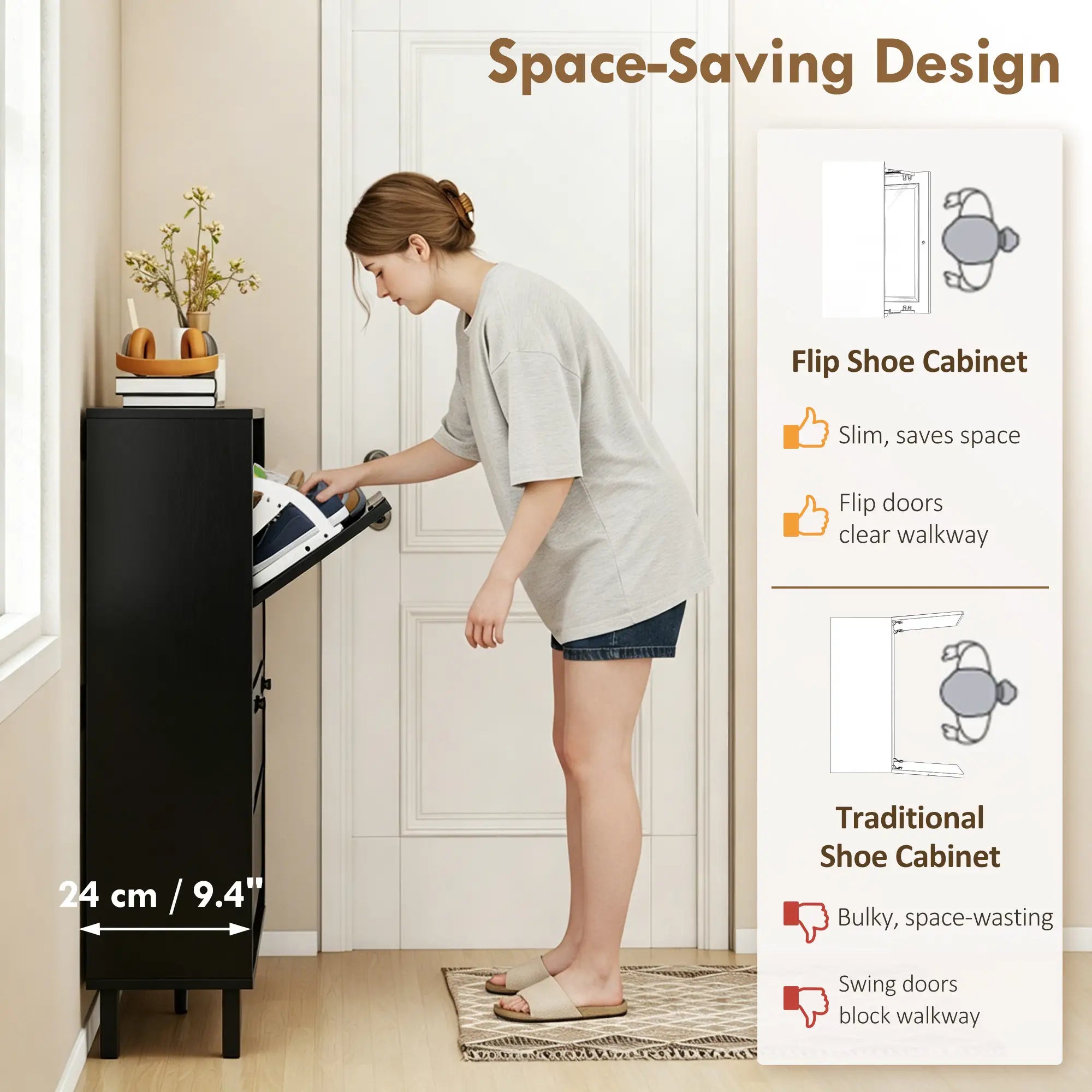 Shoe Cabinet with 4 Flip Drawers, Freestanding Narrow Shoe Storage Cabinet with Adjustable Shelves, Open Back, Black Shoe Storage Cabinets & Racks at Gallery Canada