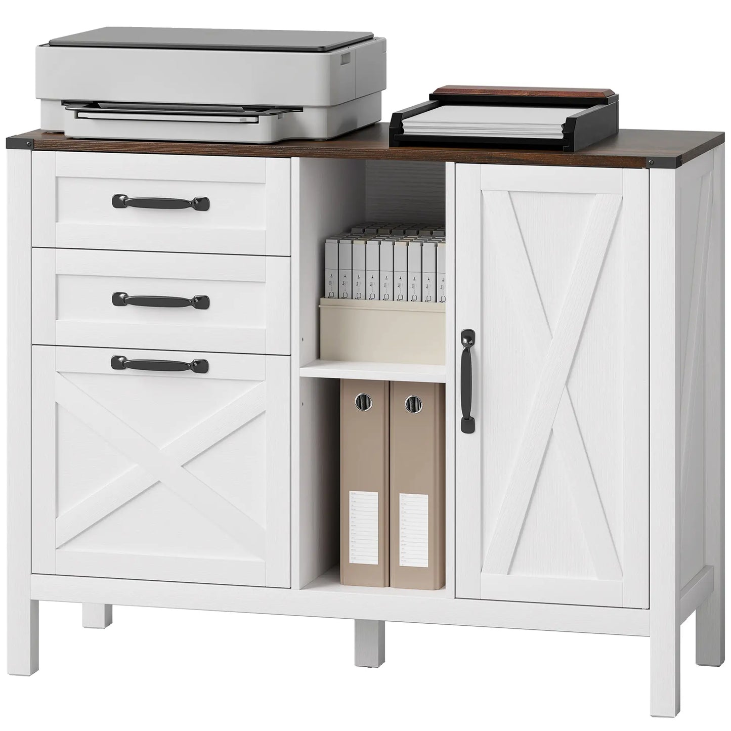 Lateral Filing Cabinet With Drawers, Shelves, Adjustable Hanging Bar, White