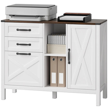 Lateral Filing Cabinet With Drawers, Shelves, Adjustable Hanging Bar, White