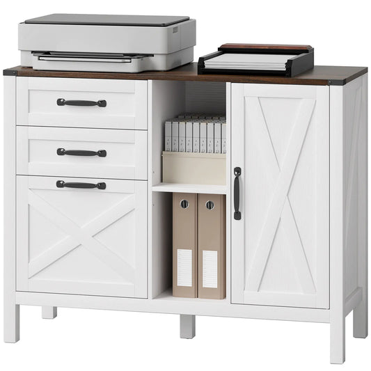 Lateral Filing Cabinet With Drawers, Shelves, Adjustable Hanging Bar, White