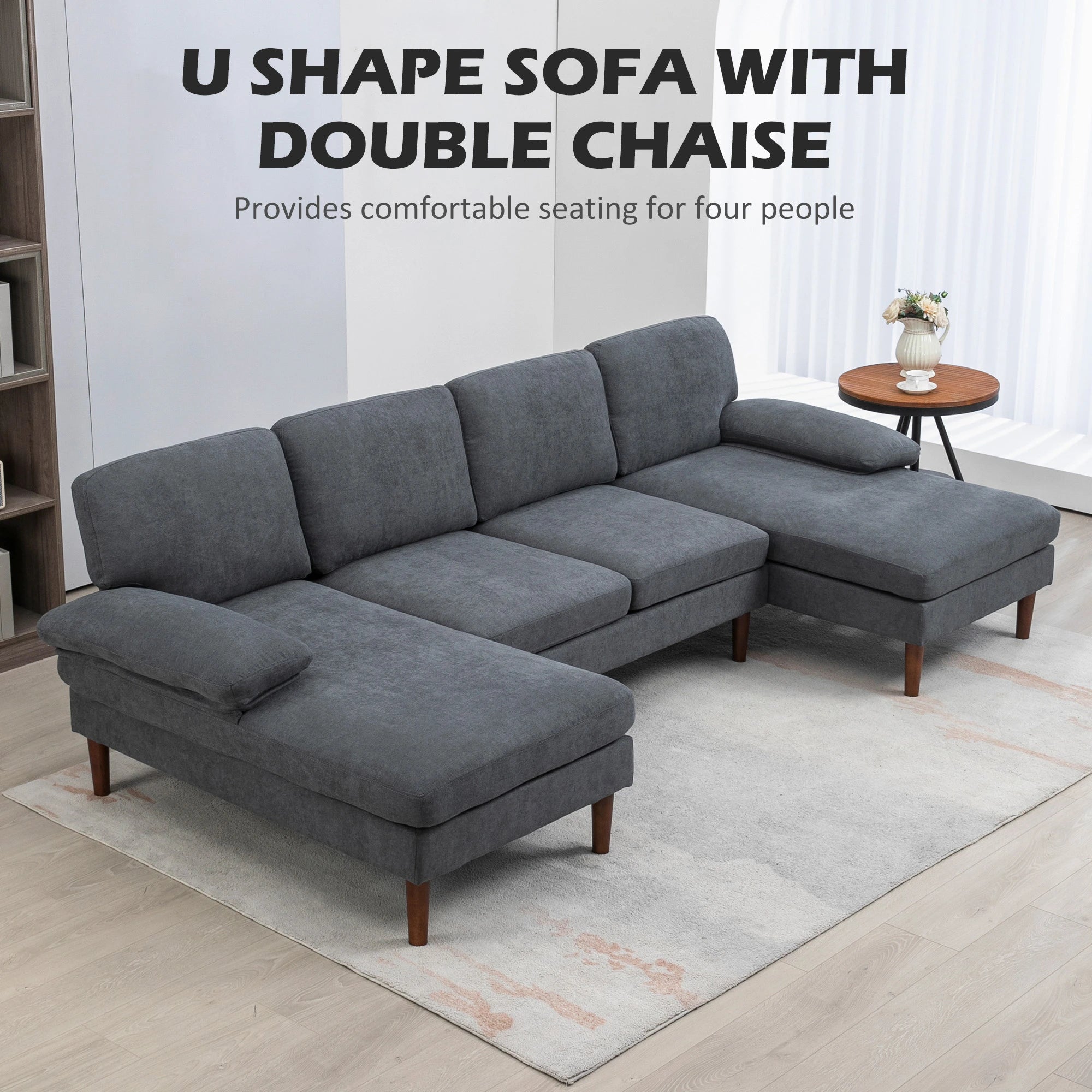U Shape Couch, Double Chaise Lounge, 4 Seater Sofa, Wooden Legs, Dark Grey 3-Seater Sofas at Gallery Canada