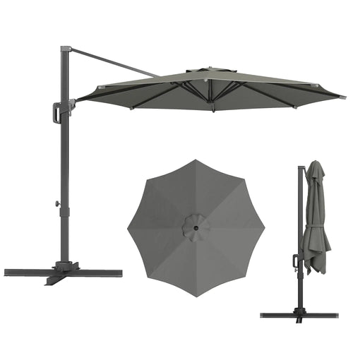 10' Offset Patio Umbrella, Aluminum Pole, 360° Rotation, Grey