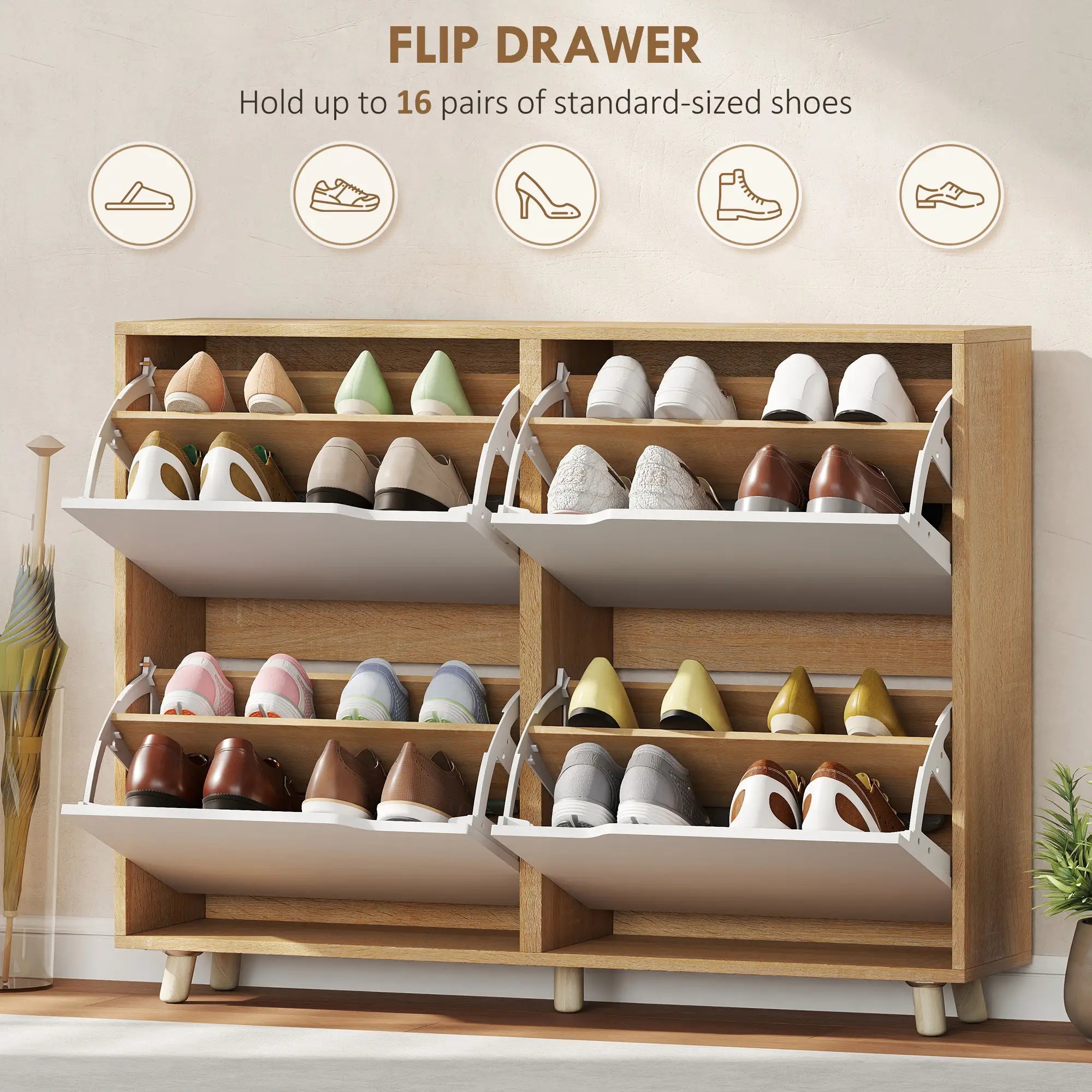 Narrow Shoe Cabinet, 4 Flip Drawers, Adjustable Shelves, Natural Shoe Storage Cabinets & Racks at Gallery Canada